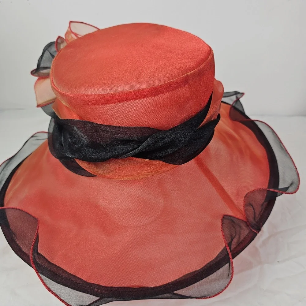 Forbusite Hat Womens Red Derby Church Easter Wide Brim Tea Garden Party Mesh